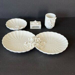 Vintage MCM White Ceramic Capodimonte Style Floral DoubleTrinket Dish Match Cup